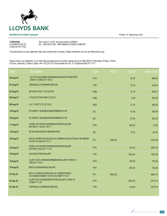 Download Lloyds Bank business account statement Word and PDF template Photoshop template